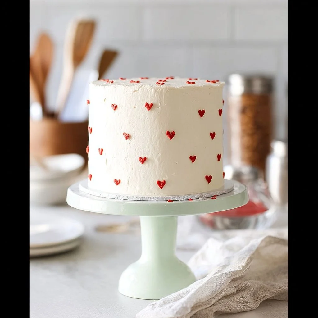 Valentine's Red and White Velvet Cake decorated with heart-shaped designs