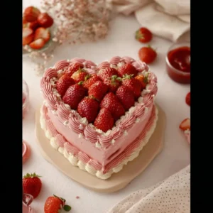 Vegan heart shaped cake decorated with fruits and frosting