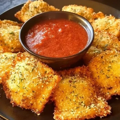 Crispy ravioli made in an air fryer, golden and appetizing snack.