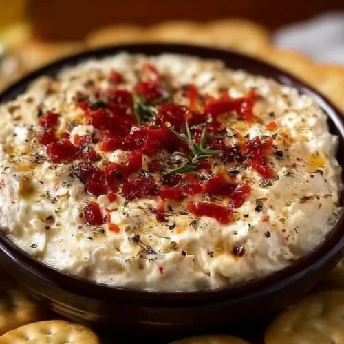 Spicy Alabama Fire Cracker Dip served in a bowl with crackers.