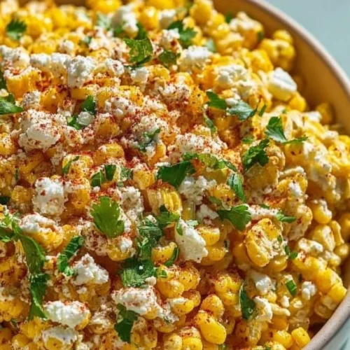 Delicious Mexican street corn salad in a bowl with toppings and herbs