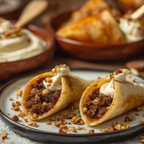 Delicious Atayef filled with cream and nuts, a traditional Middle Eastern dessert.