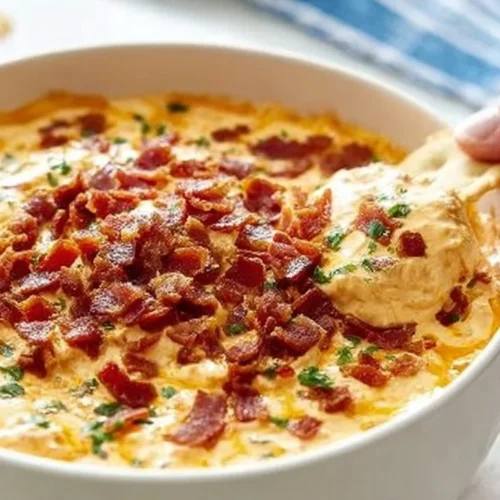Creamy Turkey Bacon and Cheese Dip served in a bowl with chips