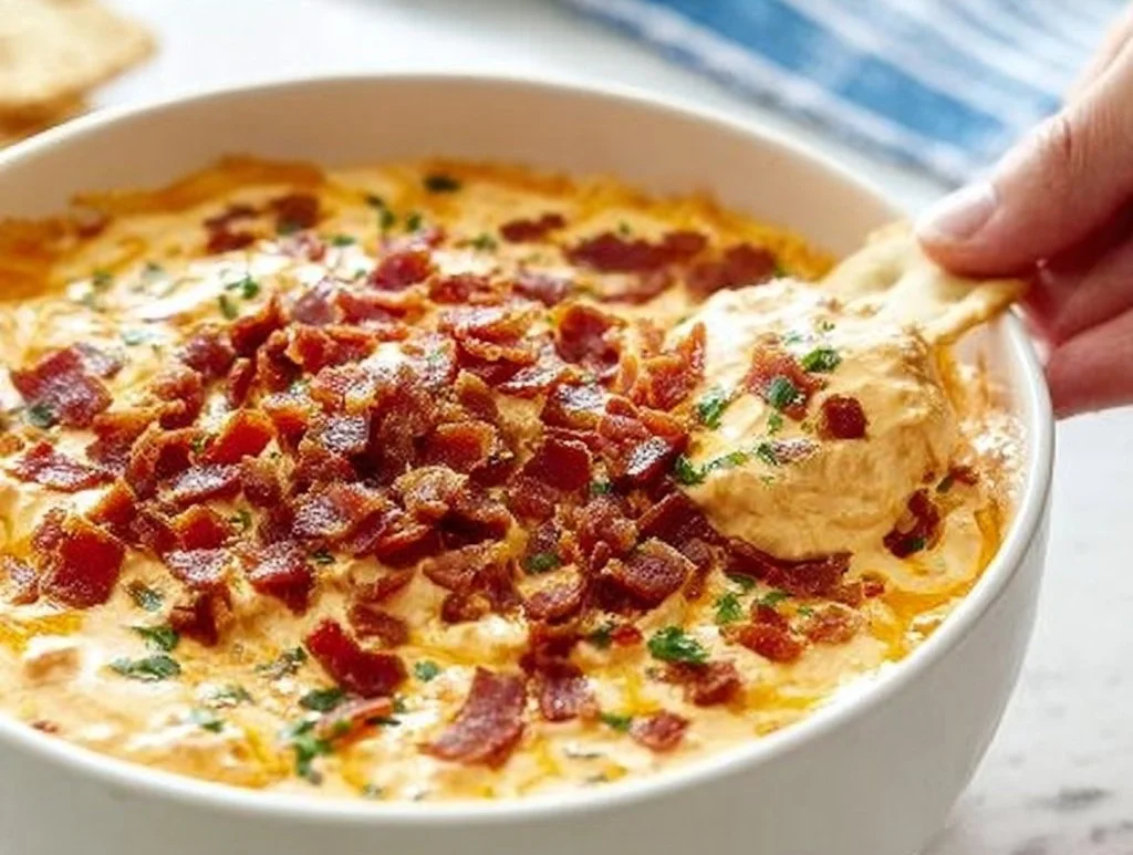 Creamy Turkey Bacon and Cheese Dip served in a bowl with chips