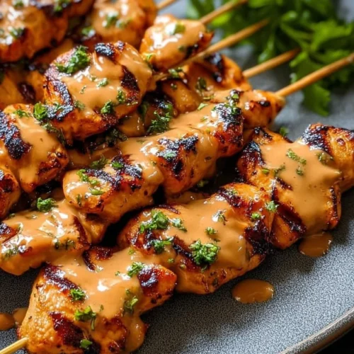 Delicious Bang Bang Chicken Skewers drizzled with spicy sauce on a plate.