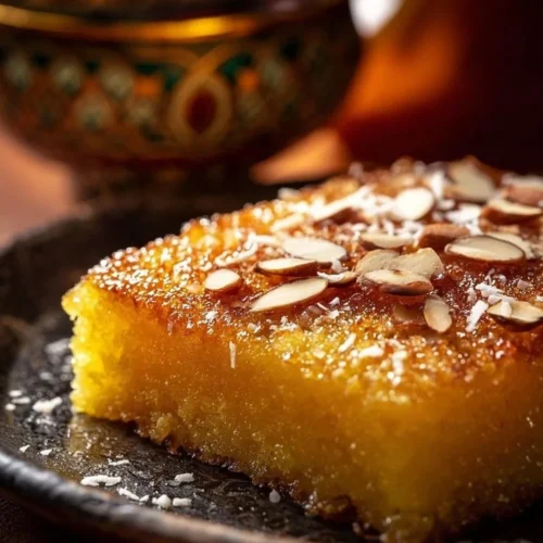 Traditional Basbousa dessert, a sweet Middle Eastern semolina cake.