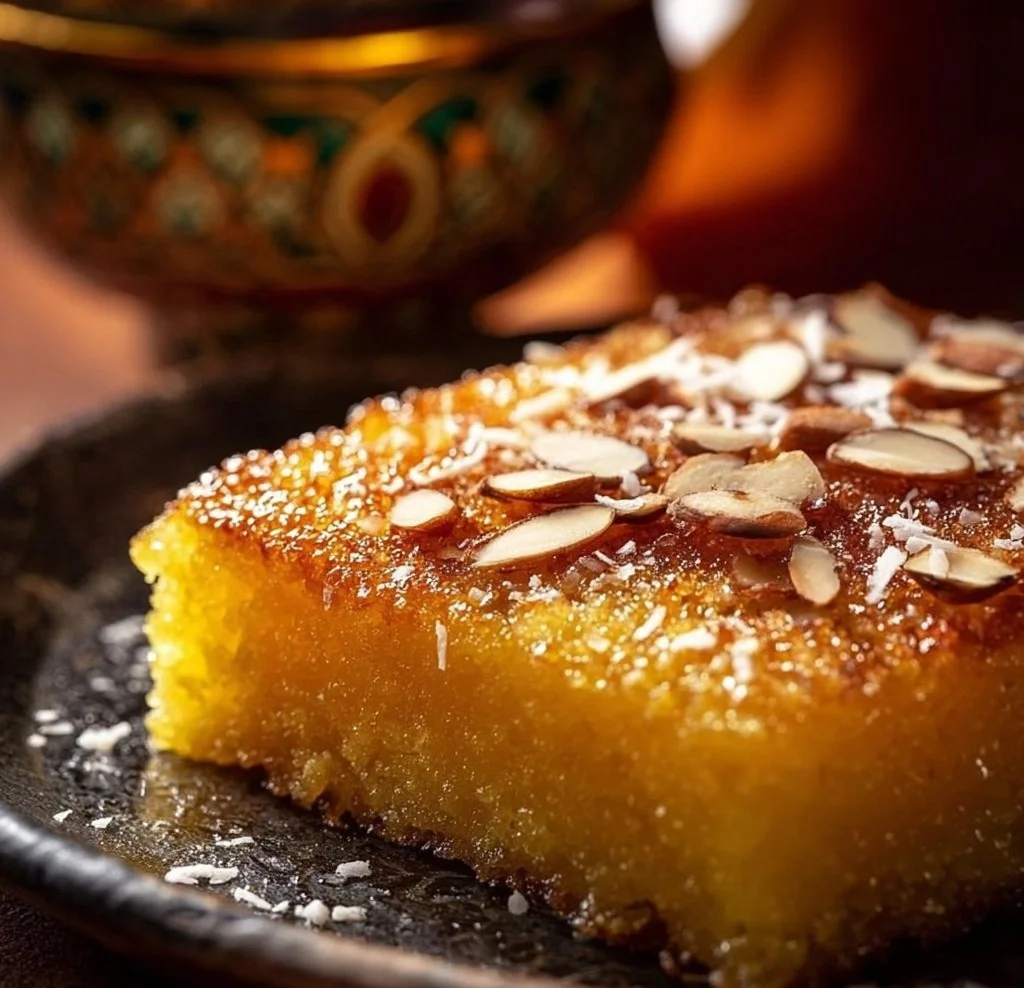 Traditional Basbousa dessert, a sweet Middle Eastern semolina cake.