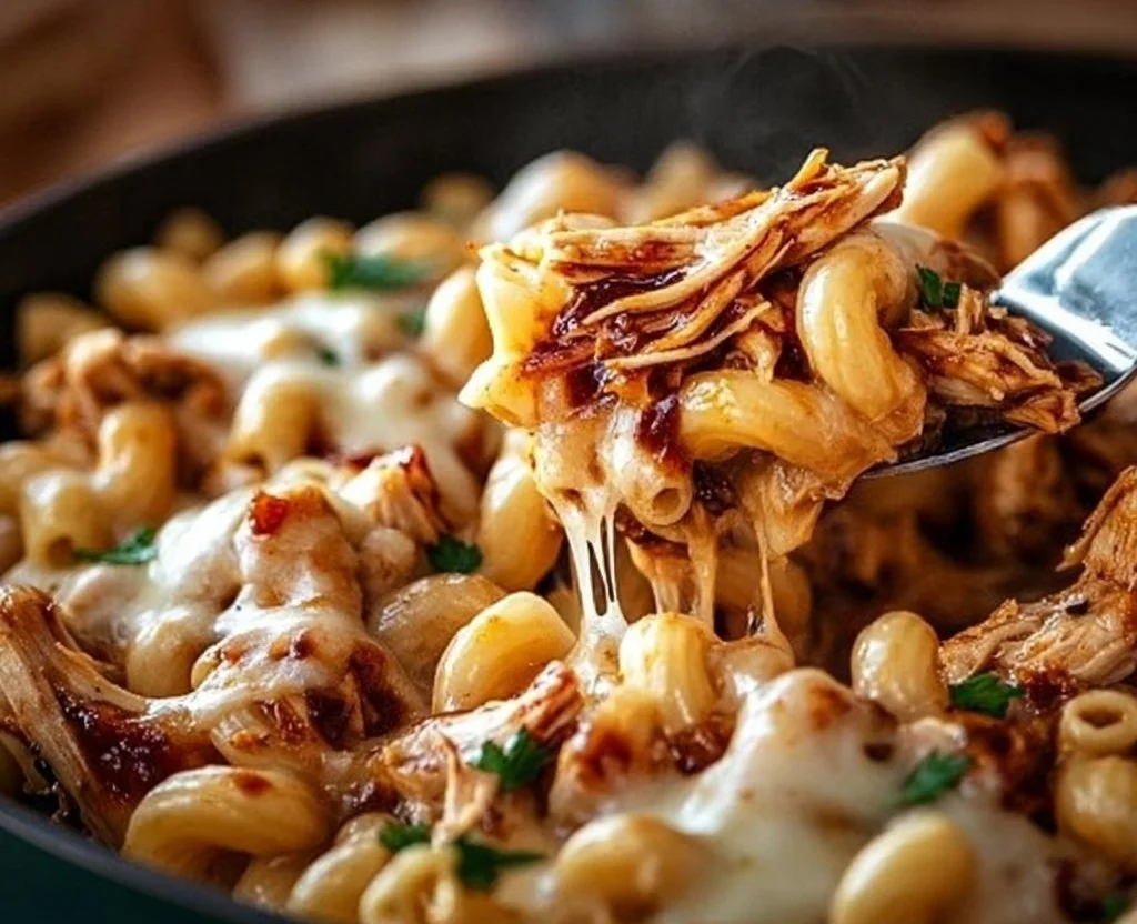 Bowl of BBQ chicken mac and cheese topped with fresh herbs and melted cheese
