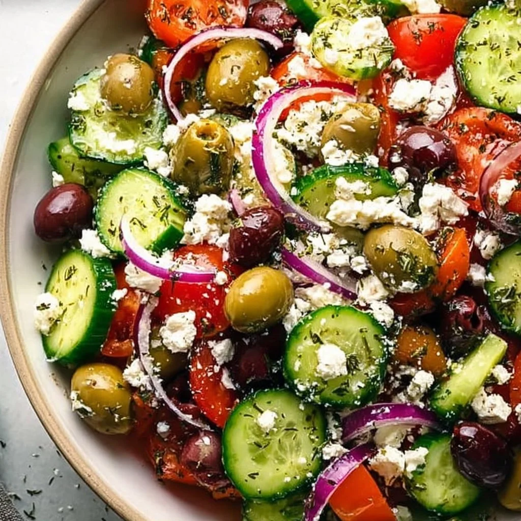 Delicious Greek salad featuring fresh vegetables and feta cheese