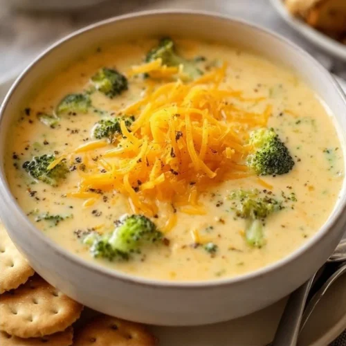 A bowl of creamy broccoli cheese soup topped with cheese and herbs