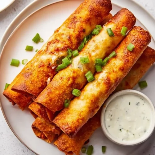 Plate of crispy Buffalo Chicken Taquitos with ranch dipping sauce