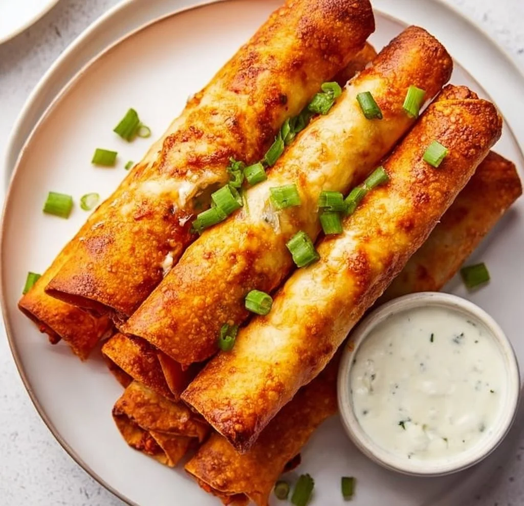 Plate of crispy Buffalo Chicken Taquitos with ranch dipping sauce