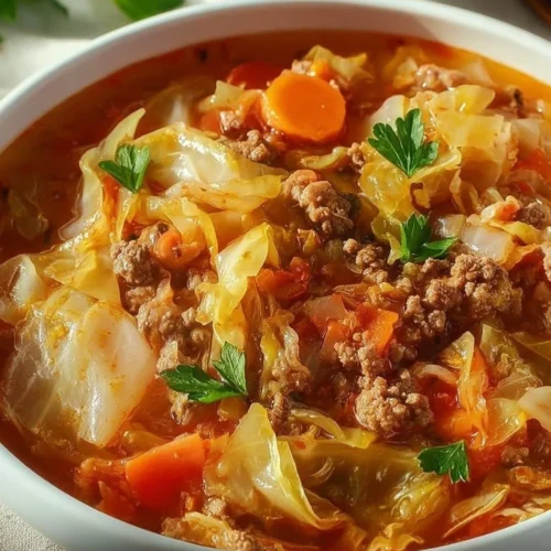 Serving of delicious cabbage roll soup with cabbage, meat, and spices