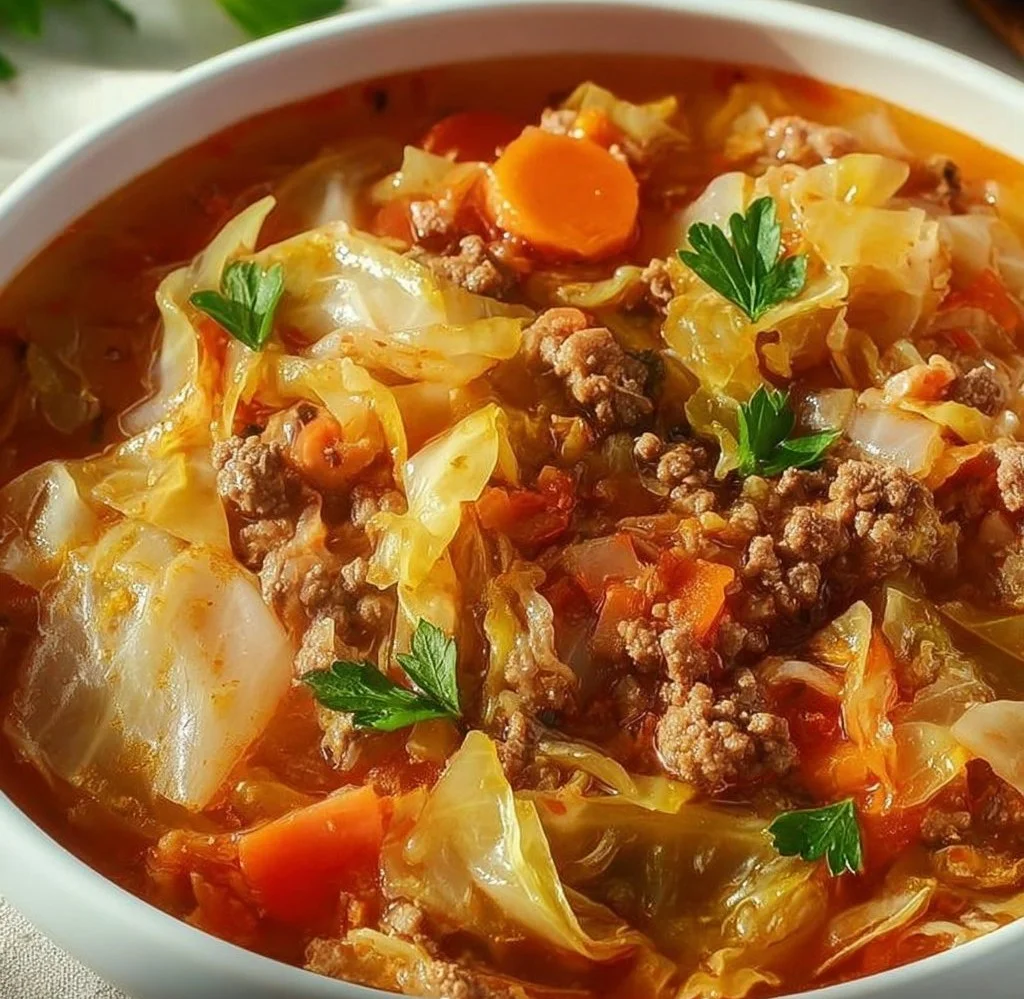 Serving of delicious cabbage roll soup with cabbage, meat, and spices