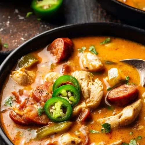 Bowl of Cajun White Chicken Chili garnished with fresh herbs and jalapeños