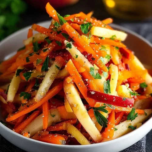 A vibrant Carrot Apple Salad with shredded carrots and crisp apple slices.