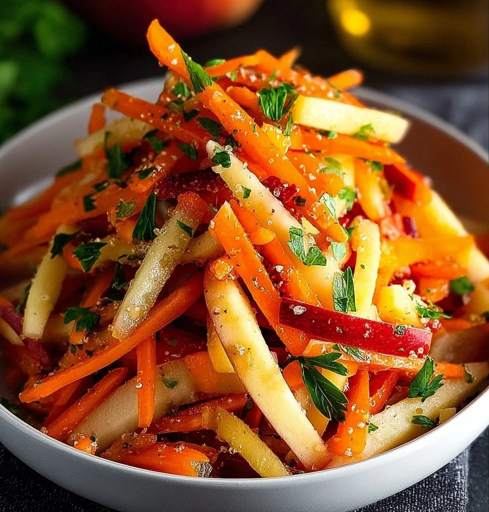 A vibrant Carrot Apple Salad with shredded carrots and crisp apple slices.