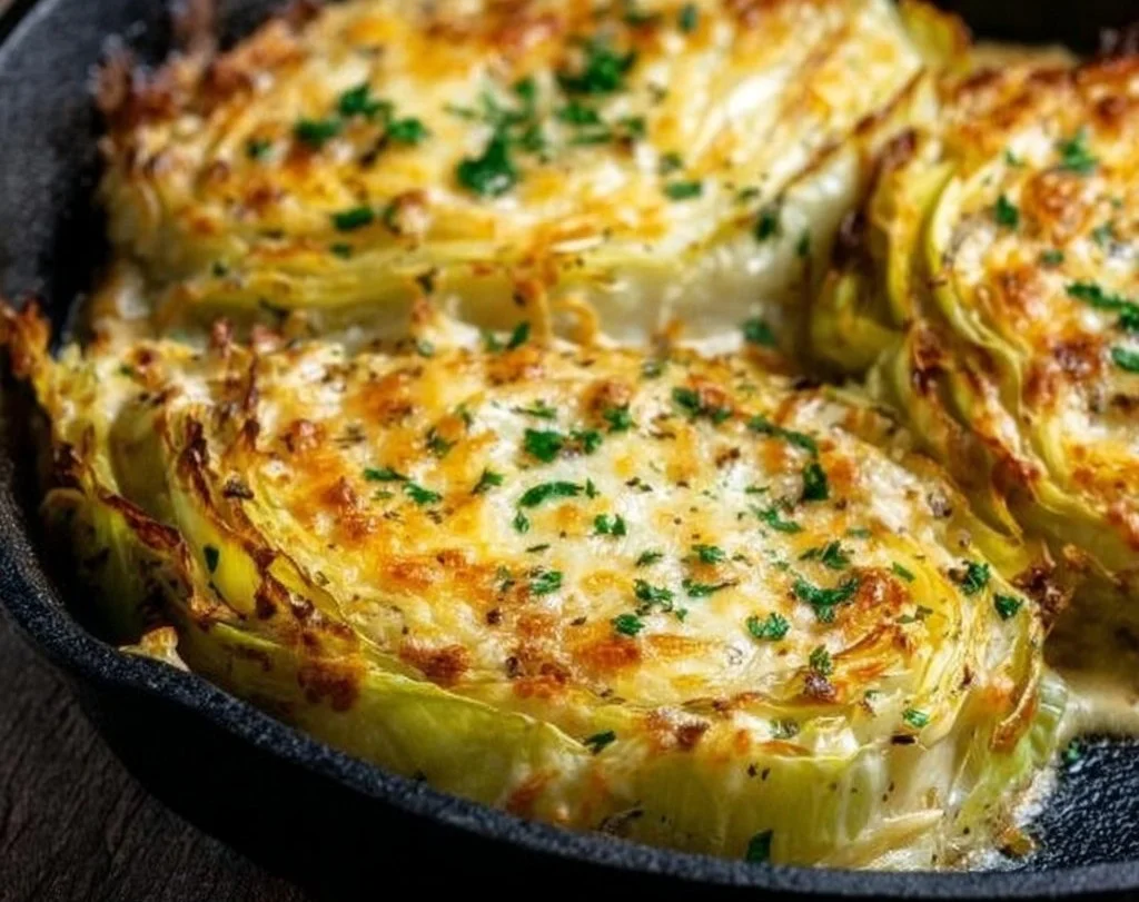 Cheesy baked cabbage steaks topped with melted cheese and herbs
