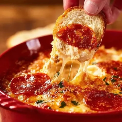 Cheesy beef pepperoni pizza dip served with tortilla chips