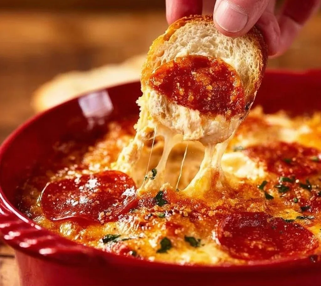 Cheesy beef pepperoni pizza dip served with tortilla chips