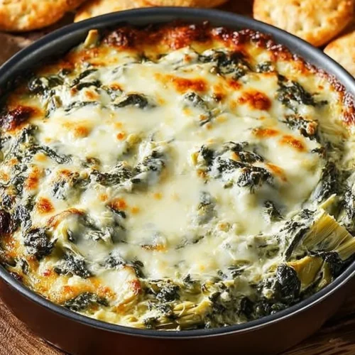 Cheesy spinach artichoke dip served in a bowl at a Super Bowl party