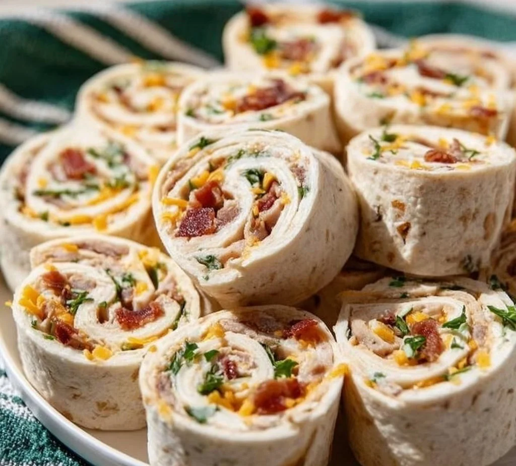 Savory Chicken Bacon Ranch Pinwheels topped with fresh herbs and served on a platter.