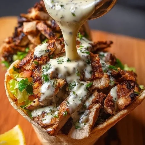 Delicious chicken shawarma served with garlic sauce on a plate