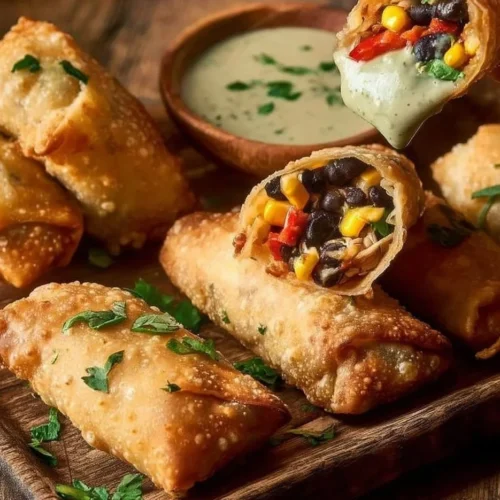 Chili's Southwest Eggrolls filled with chicken and vegetables, served with dipping sauce.