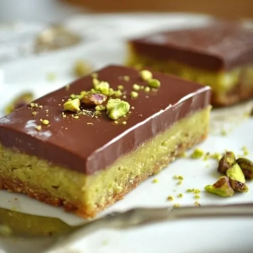 Chocolate and pistachio bars with rich chocolate layer and crunchy nuts