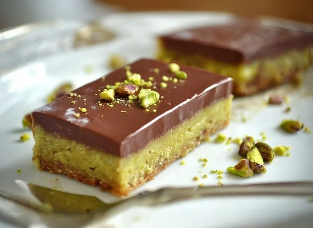 Chocolate and pistachio bars with rich chocolate layer and crunchy nuts