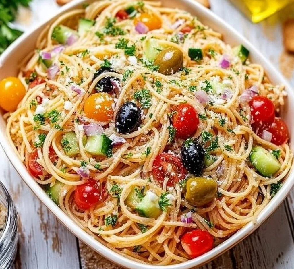 Colorful Cold Spaghetti Salad with fresh vegetables and dressing