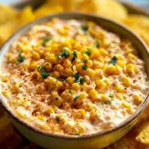 Creamy and cheesy corn dip served in a bowl, ideal for parties