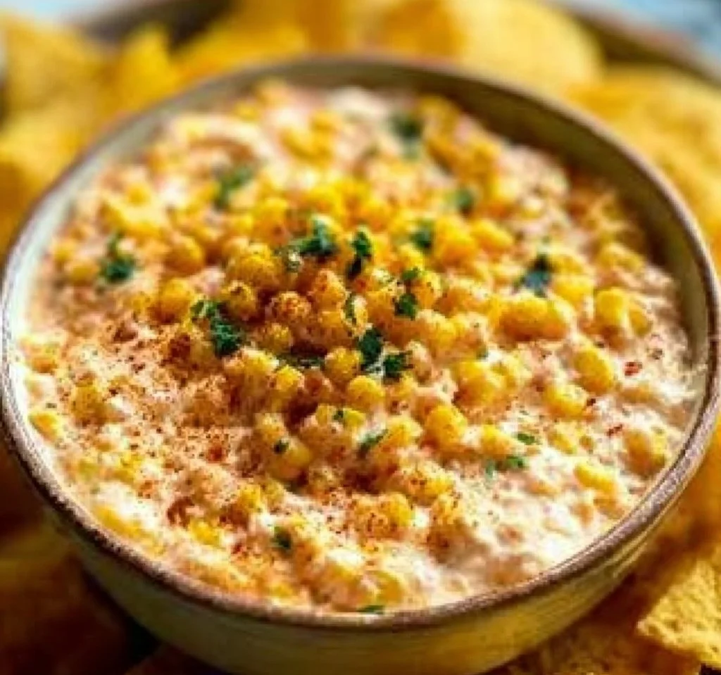 Creamy and cheesy corn dip served in a bowl, ideal for parties