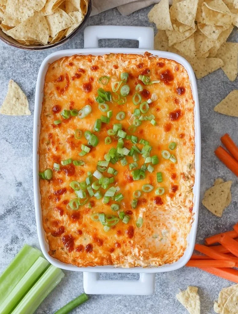 Cottage Cheese Buffalo Chicken Dip served in a bowl with tortilla chips