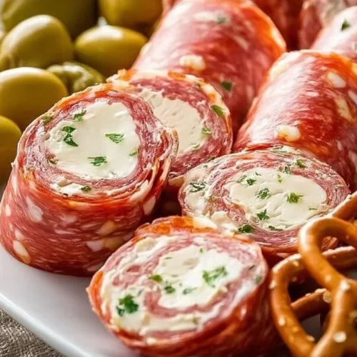Cream cheese beef salami roll ups served on a plate, ideal for snacks