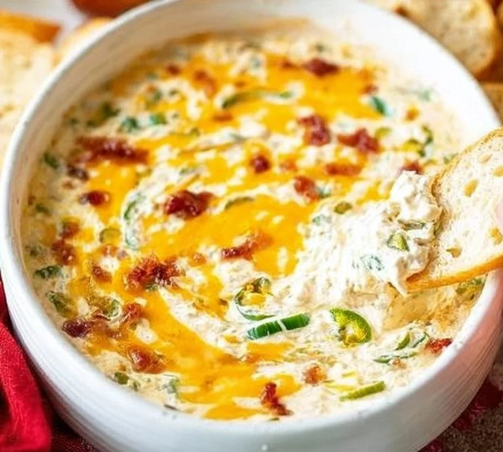 Bowl of creamy cheesy jalapeño popper dip topped with sliced jalapeños and cheese.