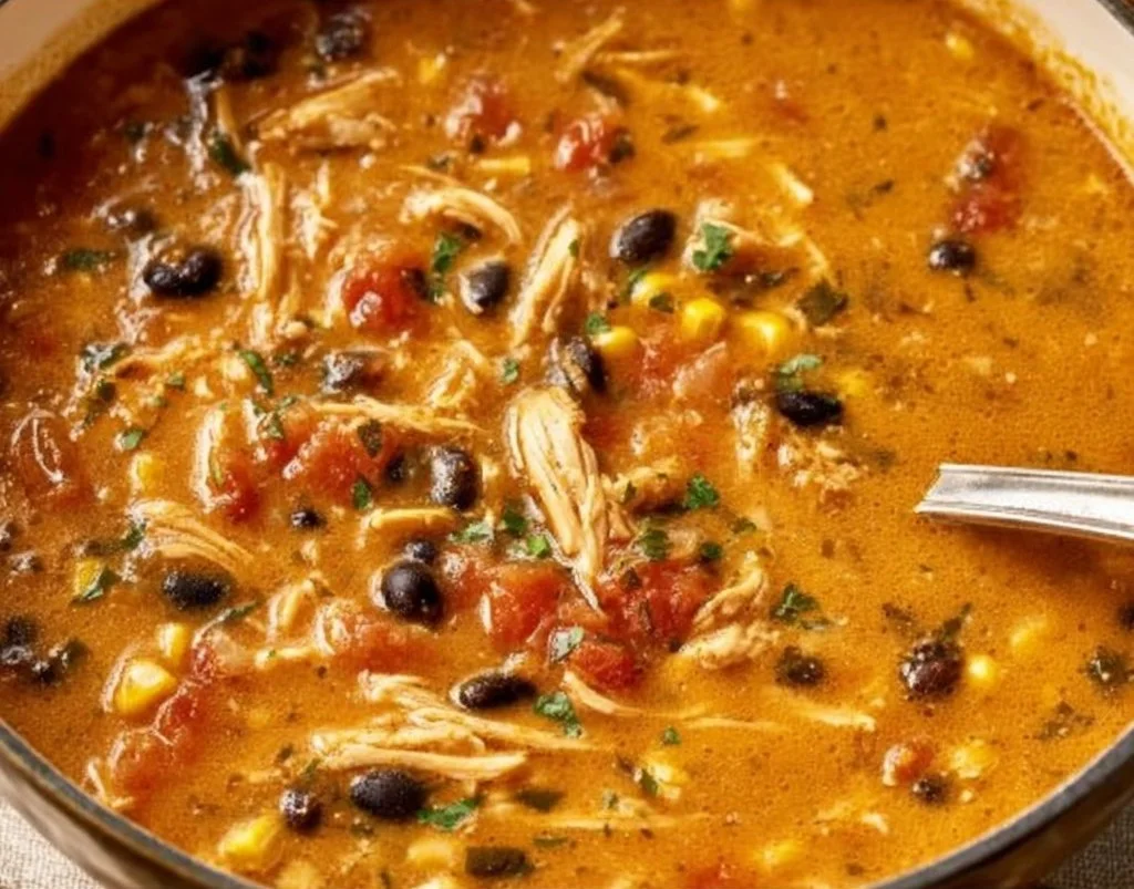 Delicious creamy chicken tortilla soup in a bowl, topped with tortilla strips.
