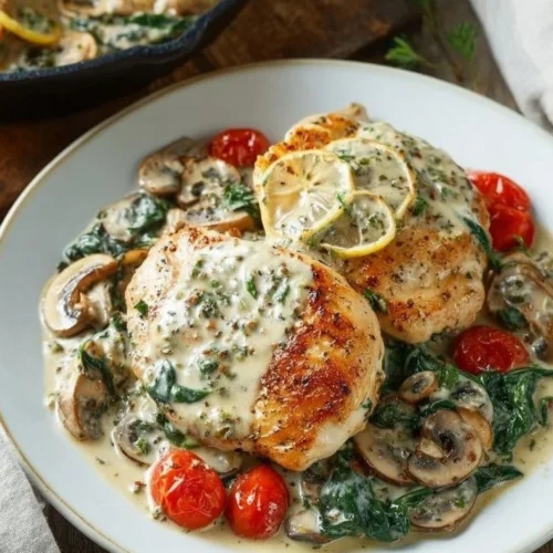 Creamy Mediterranean Chicken Skillet cooked with fresh ingredients and herbs