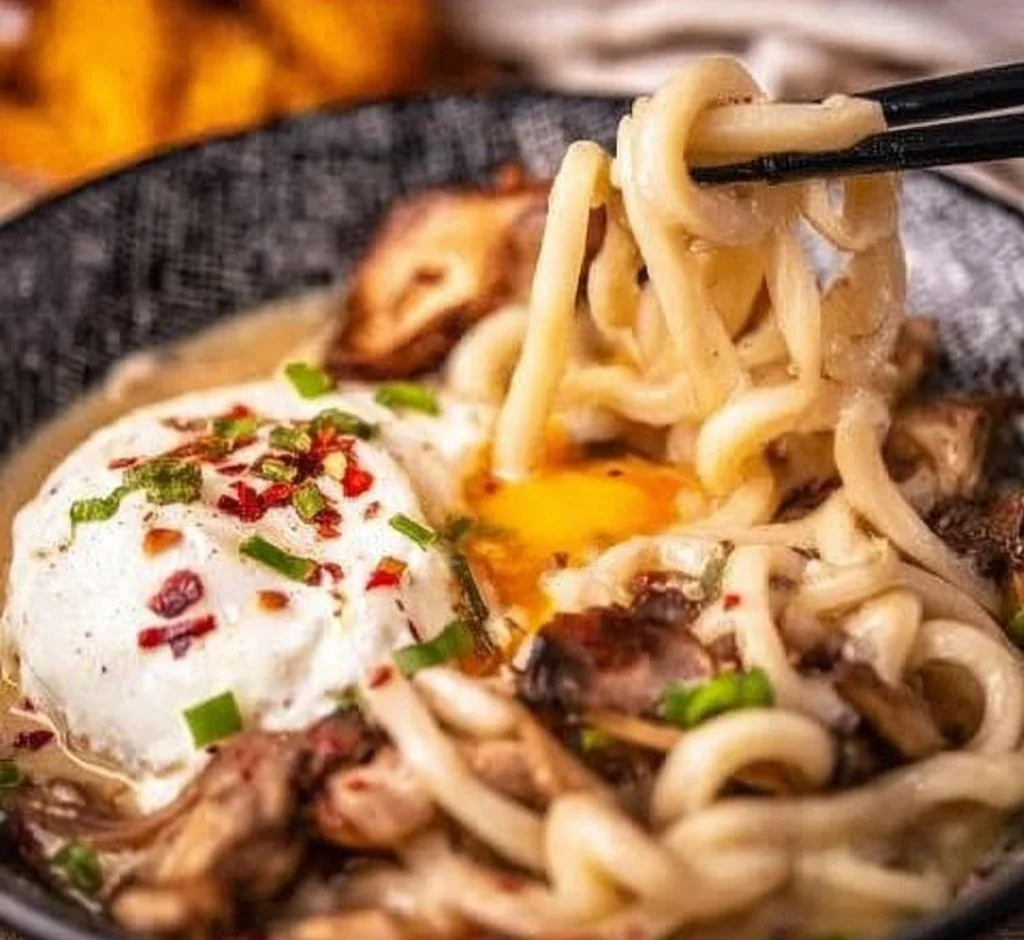 Bowl of creamy miso udon soup with vegetables and noodles