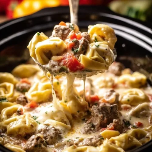 Crock Pot Cheesesteak Tortellini dish with savory ingredients