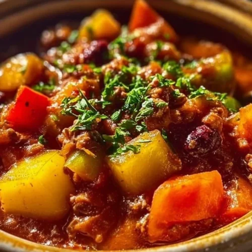 Bowl of delicious Crock Pot Shipwreck Stew with vegetables and meat