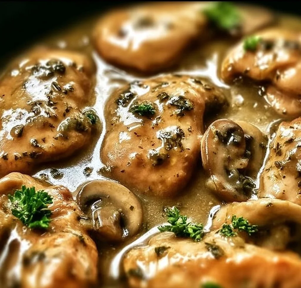 Crockpot Chicken Piccata with lemon and capers served on a plate