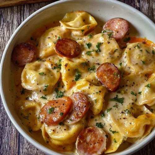 Delicious Crockpot Pierogi Casserole with Turkey kielbasa served in a bowl