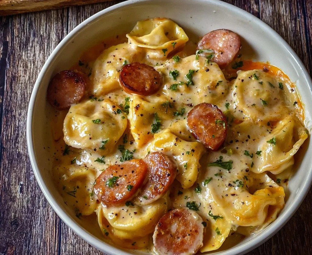 Delicious Crockpot Pierogi Casserole with Turkey kielbasa served in a bowl