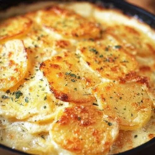 Creamy Crockpot Scalloped Potatoes served in a dish