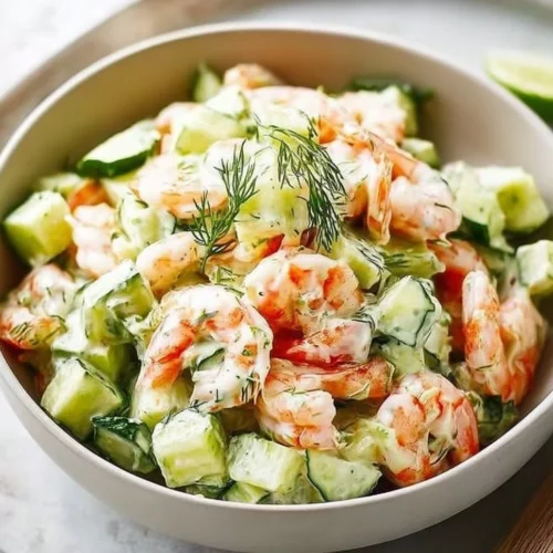 Fresh Cucumber Shrimp Salad with colorful vegetables and dressing