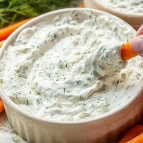 Creamy dill dip served with fresh vegetables and crackers for a tasty snack