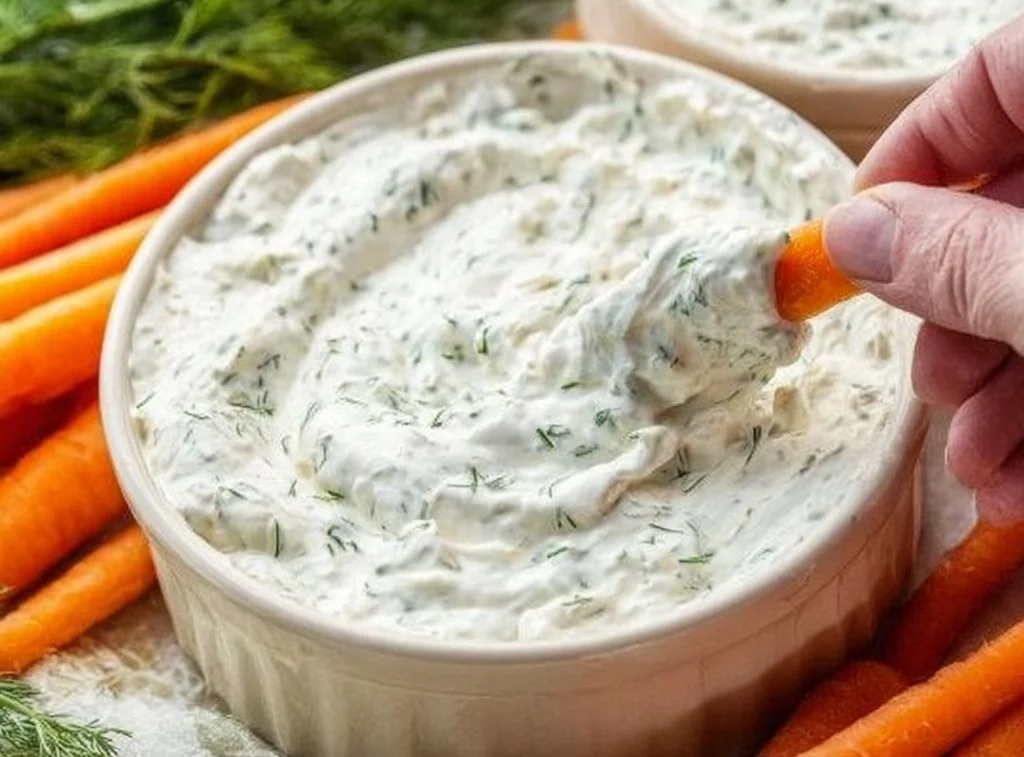 Creamy dill dip served with fresh vegetables and crackers for a tasty snack