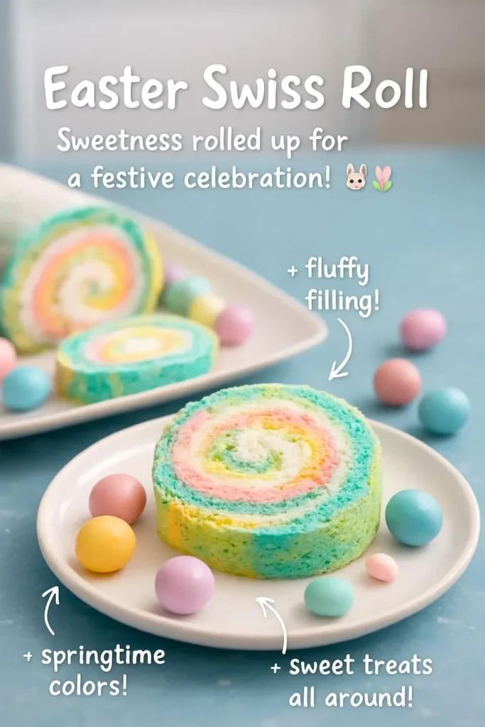 Easter Swiss Roll dessert decorated with cream and colorful toppings