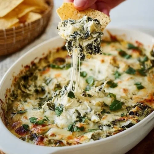 Creamy baked spinach artichoke dip served in a dish